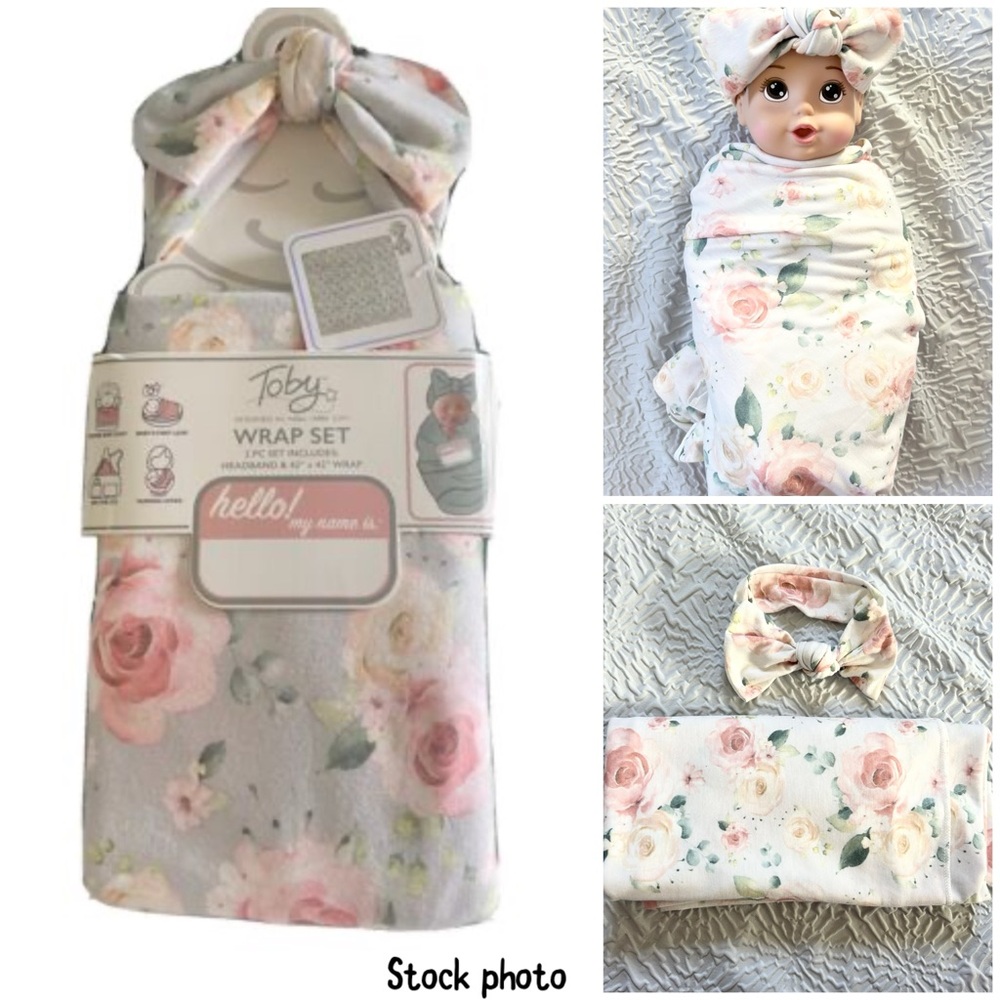 Toby Baby Swaddle Blanket & Headband Set – White with Pink & Green Floral – 2pc